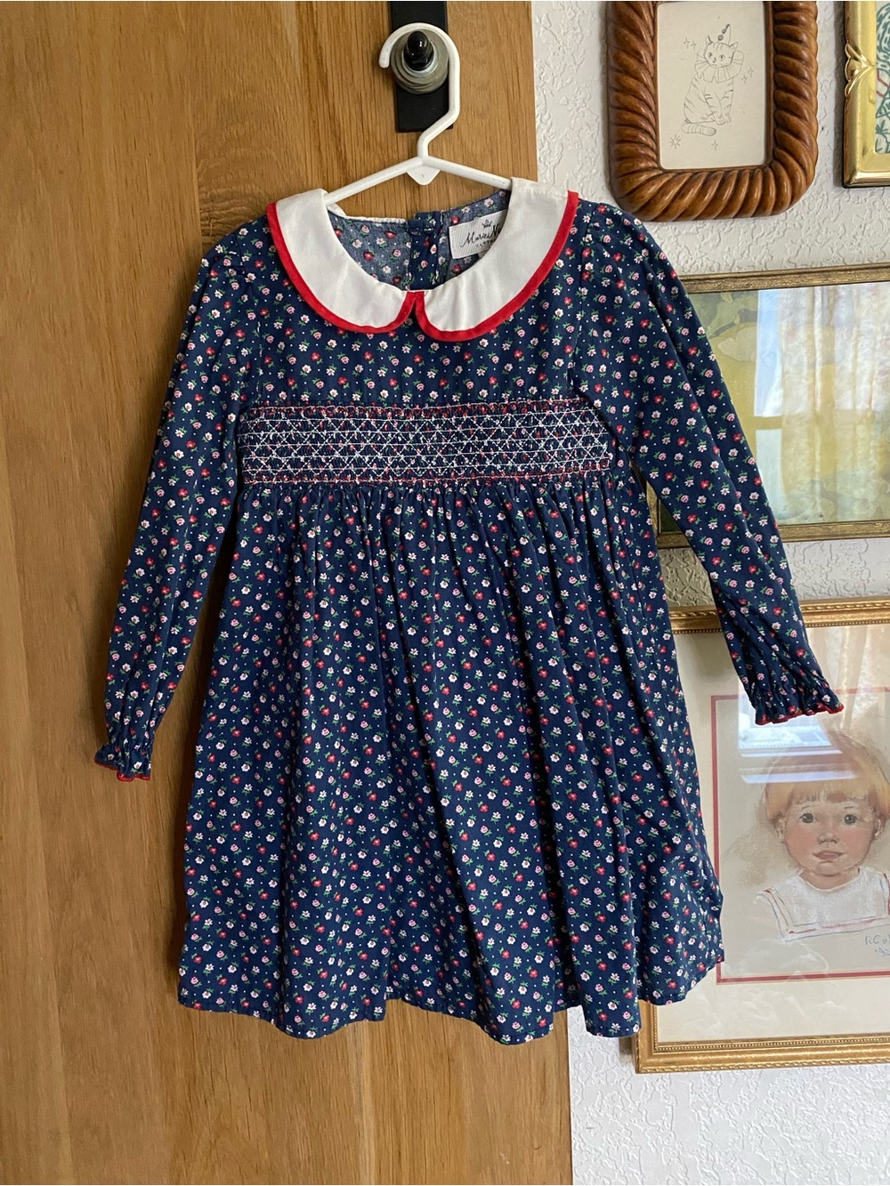 Navy Floral Smocked Peter Pan Collar Dress for Girls